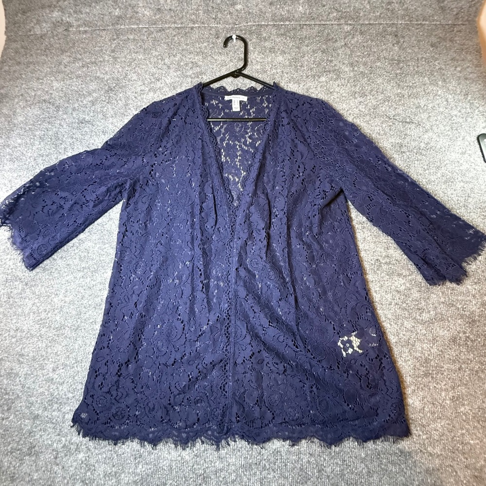 Isaac Mizrahi Live Navy Blue Floral Lace Open Front Cardigan 3/4 Sleeve Medium